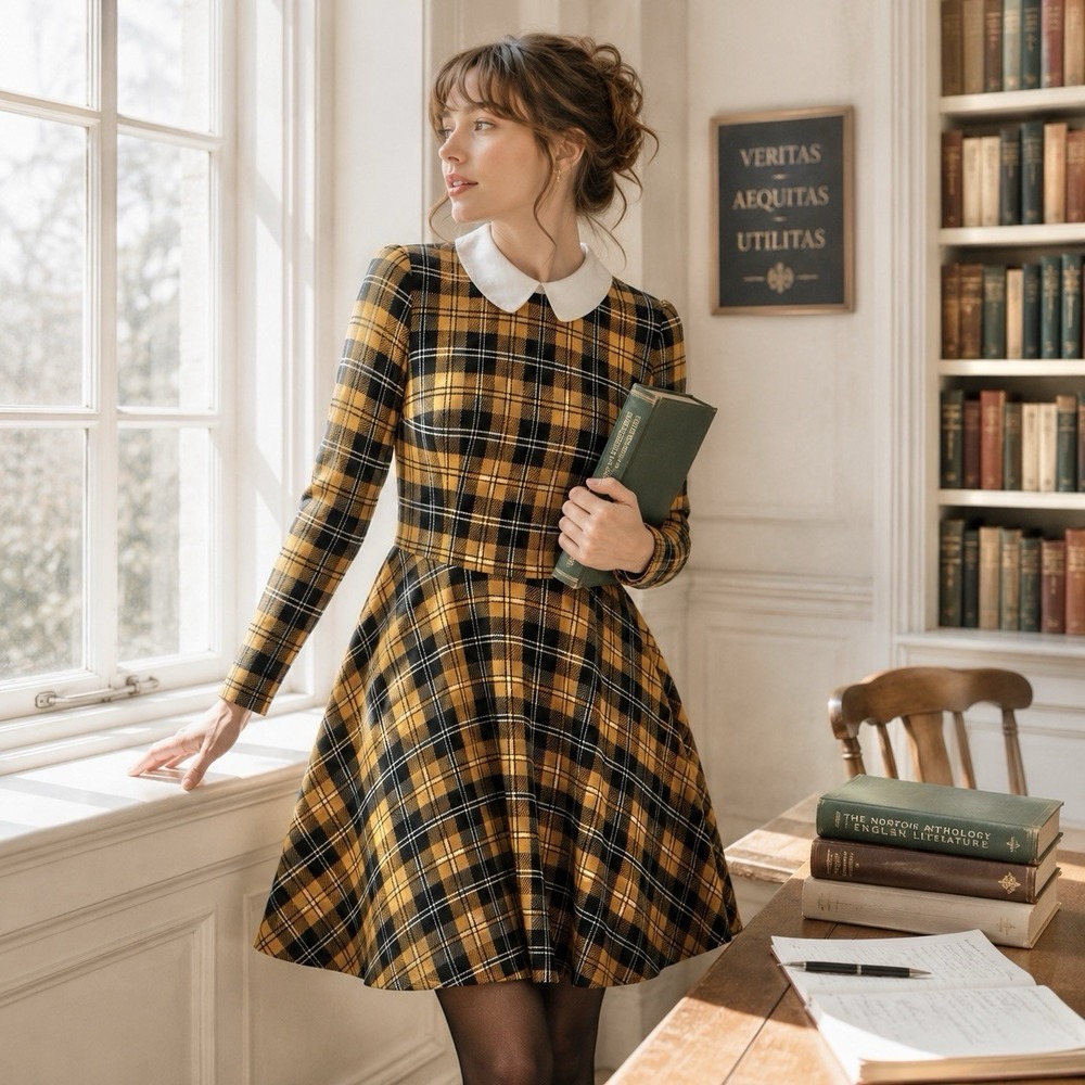 ModCloth Yellow Plaid Dress Women XS VTG Style Academia Preppy Collared USA Made